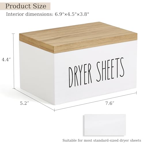 Dryer Sheet Holder, Laundry Wooden Container Holds 180 Sheets, White | Dust & Moisture Proof Sealed Lid, Printed Label Dispenser, Multi-use Storage for Softener Pods, Farmhouse Laundry Room Decor