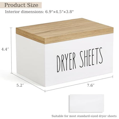 Dryer Sheet Holder, Laundry Wooden Container Holds 180 Sheets, White | Dust & Moisture Proof Sealed Lid, Printed Label Dispenser, Multi-use Storage for Softener Pods, Farmhouse Laundry Room Decor