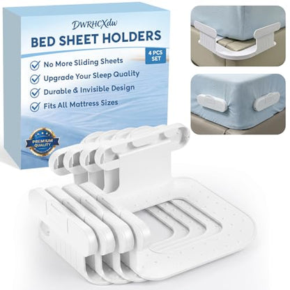 4Pcs Bed Sheet Holders for Corners ABS Material One-Time Installation | No More Loose Sheets Fits All Kinds of Sheets and Mattress Sizes, Bed Corner Sheet Holders