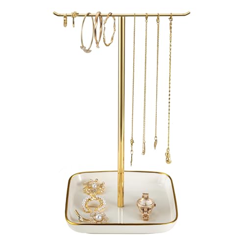 Jewelry Holder Stand with Ceramic Base, Necklace Tree: 12"Tall, 6.7"Base, Gold