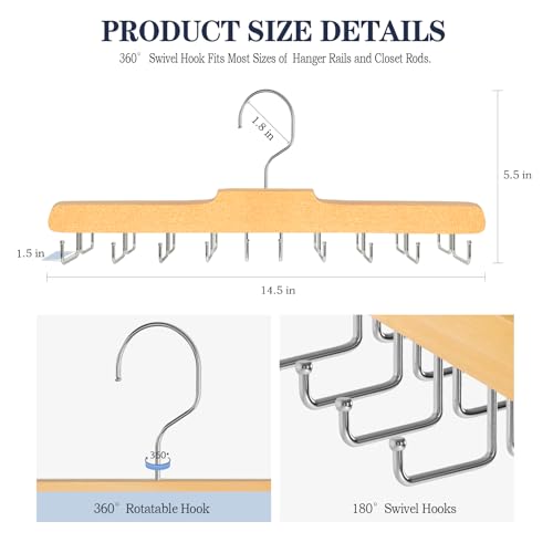 2PC Tie Rack Hanger for Closet, Upgraded Tie Holder Organizer for Men, Wood | Non Slip Neck Tie Organizer with 20 Foldable Hooks, Belt Hanger Space Saving, Fits for Tank Tops Bras Cami Scarves