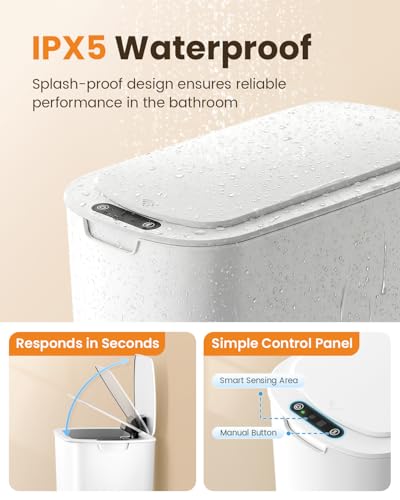 Cesun 5 Gallon Automatic Bathroom Trash Can with Lid, White, Touchless | Motion Sensor, Slim, Small Smart Garbage Bin, Plastic, Battery Operated, Manual Button, for Office/RV/Bedroom/Living Room