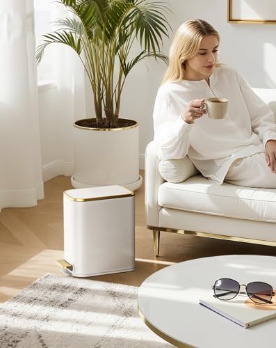 Cesun Small Bathroom Trash Can with Gold Grimmed Lid & Pedal, 1.3Gal, White | Soft Close Lid, Removable Inner Bucket, Slim Stainless Steel Waste Basket for Home Office, Included 5 Trash Bags, Hidden Bags