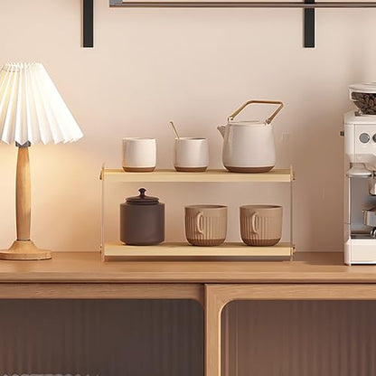 Coffee Station Organizer 2 Tier Acrylic Home Storage Mugs Hooks for Kitchen Countertops, Coffee Bars, for Placing Mugs, Coffee Beans, Syrup, Cups, Stirrers