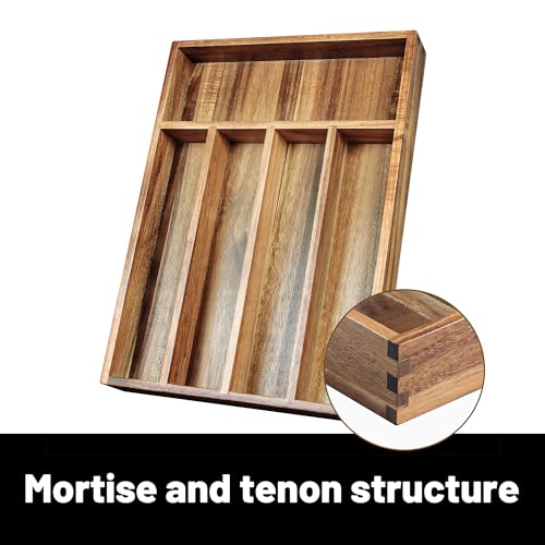 KITEISCAT Acacia Wood Silverware Organizer, Kitchen Utensil Drawer Organizer for Forks, Knives & Spoons, 5-Compartment Cutlery Tray, Flatware Holder
