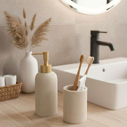 Sand Beige Hand Soap Dispenser with Matte Gold Pump, 7 oz | Luxury Farmhouse Boho Zen Style, Sandstone Finish, Lotion & Dish Soap Dispenser for Bathroom and Kitchen