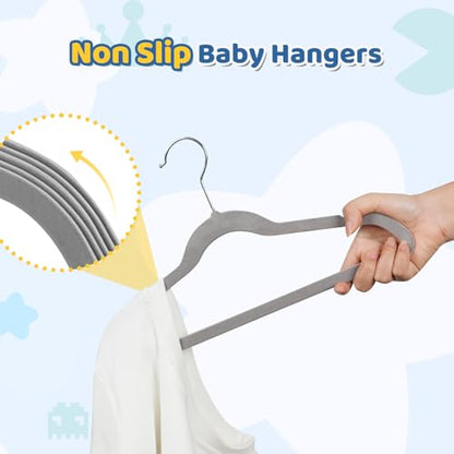 Premium 14 Inch Kids Hangers 50 Pack, Baby Velvet Hanger Non Slip | Grey Space Saving Felt Hangers Clothes Organizers for Closet with 360° Swivel Hook for Children, Toddler & Teens