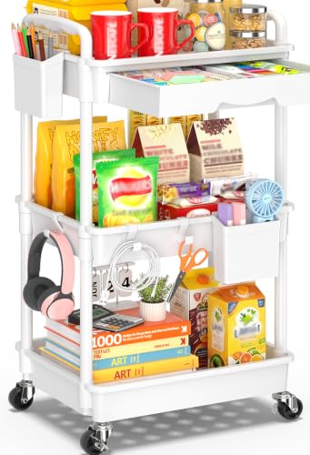 SUNALLY 3 Tier Rolling Cart with Drawer, Craft Storage Cart Organizer,White | Bathroom Storage Organizer with 2 Lockable Wheels, Rolling Utility Cart for Kitchen, Office, Baby, Makeup, Nail,Snack,Laundry