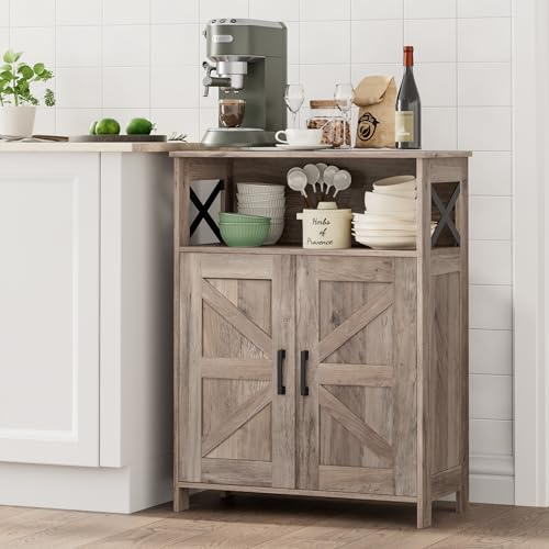 Homhedy Farmhouse Bathroom Storage Cabinet with Doors, Small Floor Cabinet | Toilet Paper Cabinet with Adjustable Shelf, Freestanding Storage Cabinet for Kitchen/Laundry/Living Room, 24"W, Greige