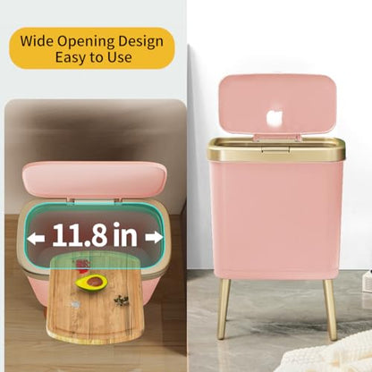 Procade Bathroom Trash Can with Lid,4 Gallon Gold and Pink Garbage Can,Slim | Tall Plastic Trash Bin with Legs and Press Top Lid,Narrow cute Small Waste Basket for Room, Bedroom,Office,Kitchen,RV,Laundry