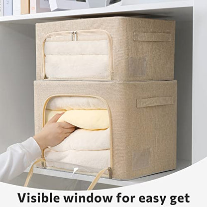 FHSQX 2 Pack Clothes Storage Bins with Metal Frame, Beige, 15.7x11.8x11.7 Inch