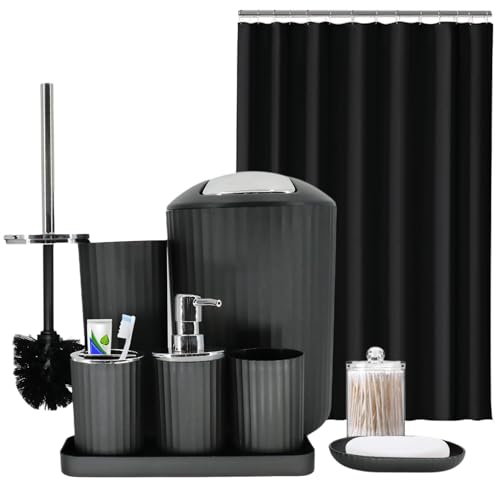 Black Bathroom Accessories Set, 10Pcs Bathroom Accessory Sets Complete with Trash Can, Shower Curtain, Vanity Tray, Soap Dispenser, Soap Dish, Toothbrush Holder&Cup, Toilet Brush&Holder, Qtip Holder