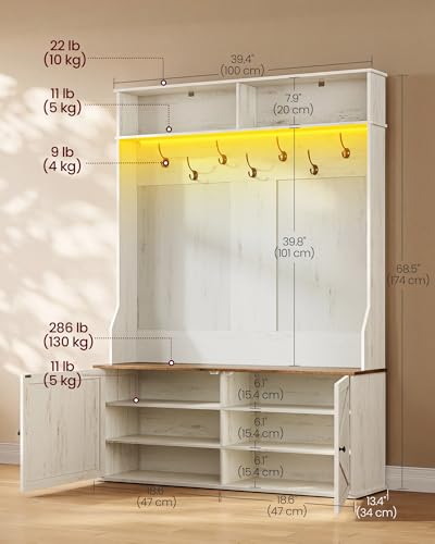 VASAGLE Hall Tree with Bench and Shoe Storage, 5-in-1 Coat Rack with Shoe Bench, Adjustable LED Light, 7 Double Hooks, Farmhouse Entryway Furniture, Rustic White UHSR653WJ03S