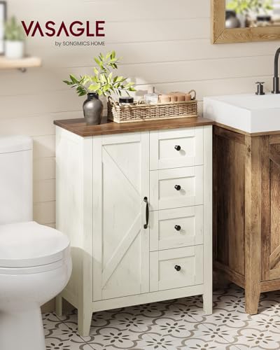 VASAGLE LIRY Collection - Storage Cabinet, Farmhouse Bathroom Floor Cabinet with 4 Drawers, Freestanding Storage Organizer, Barn Door, Adjustable Shelf, Rustic White, UBBK753W01
