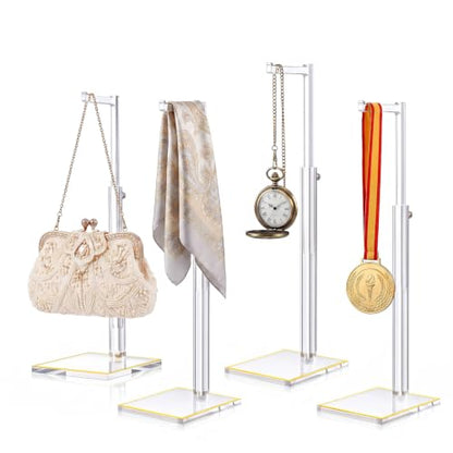 4Pcs Acrylic Purse Display Stands, 14"-24" Adjustable Height Handbag Holder with Anti-Slip Gold Trim Base, Standing Hooks for Necklace Scarf Medal Pocket Watch, Elegant Clear Rack for Closet Retail Boutique Counter