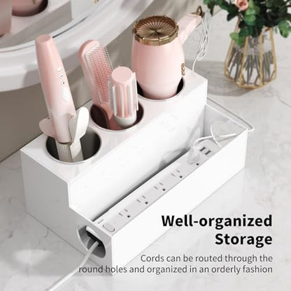 NIUBEE Acrylic Hair Tool Organizer,Hair Dryer Holder Countertop with 3 Cups | White, Hot Tools Organizer, Hair Blow Dryer Organizer for Curling Iron, Brush, Straightener, Makeup,Skincare,Vanity, Bathroom