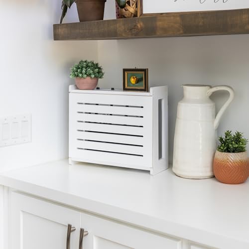 WiFi Router Storage Cabinet Router Box Hider WiFi Box Hider Shelf Cover | Standard • Pine Wood • White Finish • Seamless Side Panel Design • Fits Routers Up To 11" • Wall Mount Or Desktop Placement