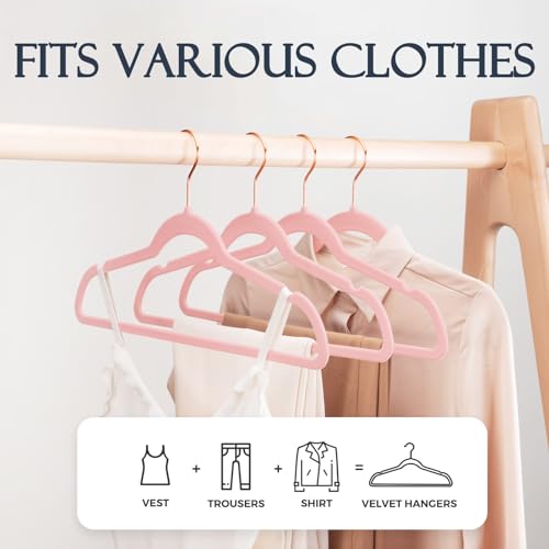 HOUSE DAY Pink Velvet Hangers 60 Pack, Premium Non-Slip Felt Clothes Hanger | Durable Space Saving Hangers, Sturdy for Suits, Heavy Duty Coat + No Hanger Marks, 360° Swivel Rotating Rose Gold Hook