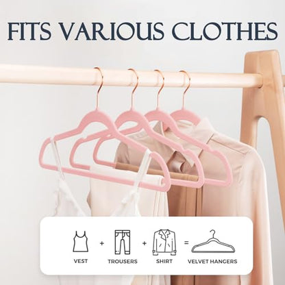 HOUSE DAY Pink Velvet Hangers 60 Pack, Premium Non-Slip Felt Clothes Hanger | Durable Space Saving Hangers, Sturdy for Suits, Heavy Duty Coat + No Hanger Marks, 360° Swivel Rotating Rose Gold Hook