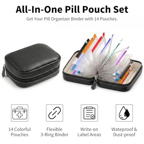 Waterproof Pill Organizer Set, 7-Day AM/PM Weekly Medication Case with 14 Pouches (7 Distinct Colors), Travel Waterproof Pill Pouch, BPA-Free Compact Zippered Storage Binder for Travel, Daily (Black)