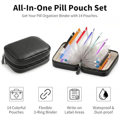 Waterproof Pill Organizer Set, 7-Day AM/PM Weekly Medication Case with 14 Pouches (7 Distinct Colors), Travel Waterproof Pill Pouch, BPA-Free Compact Zippered Storage Binder for Travel, Daily (Black)