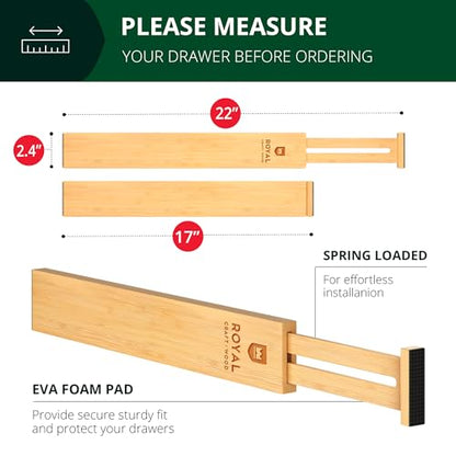 Bamboo Drawer Dividers Organizers, Adjustable Drawer Separator Splitters, 17–22 Inches Expandable Drawer Divider Organizer for Large Utensils, Kitchen, Bedroom, Dresser & Office Drawers 4-Pack