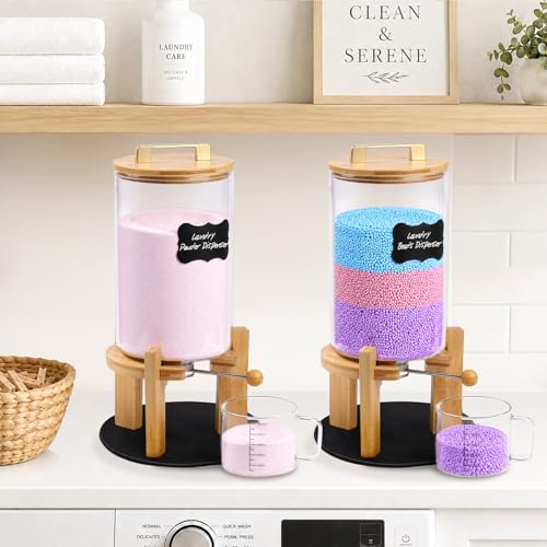 Laundry Detergent Dispenser,Glass Laundry Powder Dispenser with Bamboo Base，Suitable for Scent Beads and Powdered Laundry Detergents in the Laundry Room，Capacity: 4L/8lb/128oz