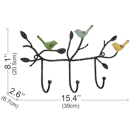 Vintage Wall-Mounted Coat Rack with 3 Hooks, Birds Standing on Tree Branch with Rustic Paint Heavy Duty Wall Hanging Key Holder, Farmhouse Coat Hooks for Towels, Hats, Scarves