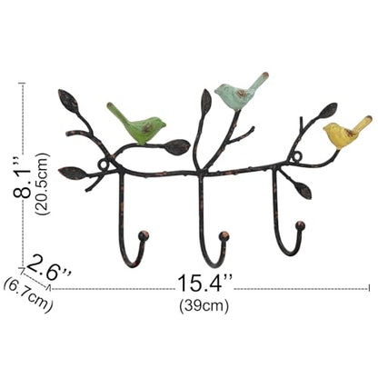 Vintage Wall-Mounted Coat Rack with 3 Hooks, Birds Standing on Tree Branch with Rustic Paint Heavy Duty Wall Hanging Key Holder, Farmhouse Coat Hooks for Towels, Hats, Scarves