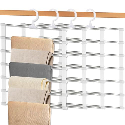 4 Pack Pants Hangers Space Saving, Portable Travel Pants Hanger, 7 Layers Multiple Metal Legging Clothes Hanger, Travel Hangers Essential Accessories for Pants Jeans Skirts Scarf Legging