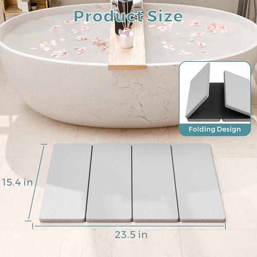 Summer&Kiss Foldable Stone Bath Mats for Bathroom, Non-Slip Diatomaceous Earth Mat, Super Absorbent & Quick Drying, Dish Drying Mats for Kitchen Counter, Easy to Clean & Store,23.5" x 15.4",Light Gray