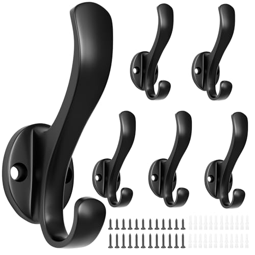 Coat Hooks Heavy Duty - Wall Mount Metal Towel Hooks Screw-in Wall Hooks for Hanging Hat, Towel, Key, Robe, Scarf, Bag, Cap (6 PCS Black)