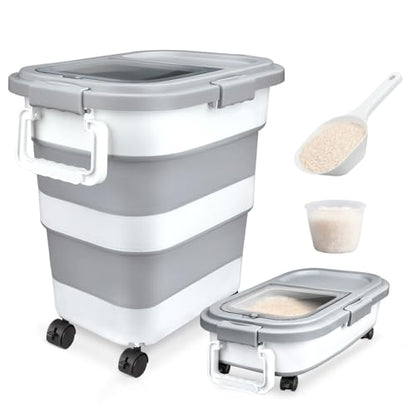 Rice Storage Container, Collapsible Airtight 10-40 Lb Rice Storage Container, 25lb Pet Dog Food Storage Container, Rice Dispenser Bin with Cup and Scoop for Flour Cereal Pasta Grain, Cat Bird