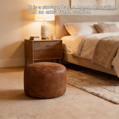Thgonwid Unstuffed Faux Leather Pouf Cover, Handmade Footstool Ottoman Storage Solution, Floor Footrest Cushion, 16.5”Dx12”H, Amaretto