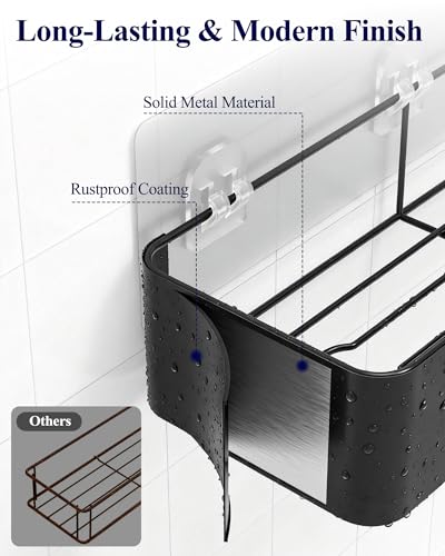 Kitsure Large Shower Caddy - Adhesive 6-Pack Bathroom Shelves, Black | No-Drilling Rustproof Shelves with Soap Holder, Toothbrush Holder, 6 Hooks, Stylish Bathroom Organizers and Storage Solution