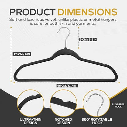 50 Pack New Premium Quality Velvet Hangers Ultra Thin Non Slip Adult Felt Space Saving Hangers for Closet Heavy Duty Coat Pants Jackets Dress Hangers 360° Swivel Hook Hold Upto 10 lbs Black