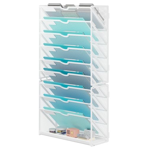 Lavatino 10-Tier Hanging Wall File Folders Organizer - White Metal Mesh Paper Magazine Document Mail Holder File Organizer for Office School Home Wall Mount or Desk Supplies Organization