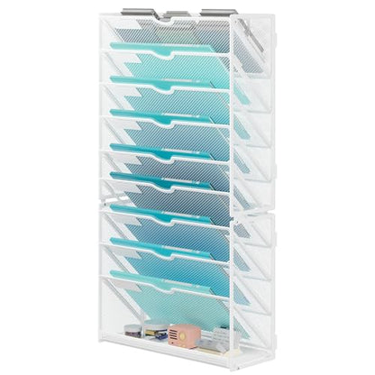 Lavatino 10-Tier Hanging Wall File Folders Organizer - White Metal Mesh Paper Magazine Document Mail Holder File Organizer for Office School Home Wall Mount or Desk Supplies Organization