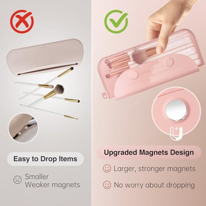 2-In-1 Magnetic Silicone Makeup Brush and Sponge Case Khaki | Travel Beauty Organizer, Quick Drying Ventilation Holes, Dustproof Magnetic Storage, Fits Handbags and Suitcases