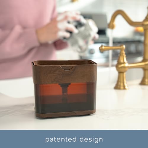 S&T INC. Dish Soap Dispenser and Sponge Holder, Plastic Walnut and Amber | Patented Design, Holds 13 Fluid Ounces, Sponge and Waterproof Labels Included, Non-Slip Feet