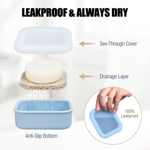 OTHIX 2 Pack Leakproof Silicone Travel Soap Case, Small Bar Soap Holder Container with Drainage Layer & Mini Portable Soap Dish Fits for Shampoo Bar, Gym, Camping (Baby Blue & Sage Green)