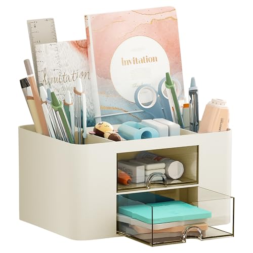 Pen Organizer with 2 Drawer, Multi-Functional Penc... (Beige | Plastic)