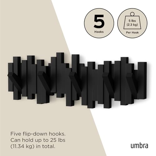 Umbra Sticks Wall Mount Coat Rack, 5 Hook Retractable Pegs, Black | Mounting hardware included, sculptural modern design, entryway or bedroom use, recycled plastic