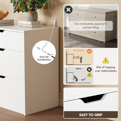 YESHOMY Dresser for Bedroom, 47.2" Modern Wood Chest with 6 Drawers, White | Two Drawer Sizes, Anti-Tip, Storage Cabinet & TV Stand for Living Room, Closet, Entryway