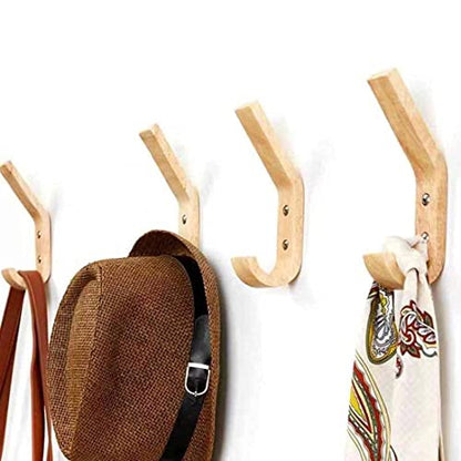 Wood Wall Hooks 4 Pack Organizer Heavy Duty Coat Hooks for Hanging Coats | Rustic Oak Wood Hooks with Double Curve Design Space-saving Decorative Wall Storage for Bathroom Key Bag Towels Easy Install