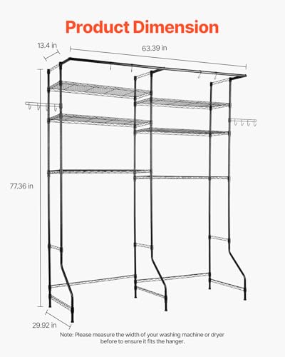 VEVOR Over Washer and Dryer Storage Shelves, 6 Tiers Laundry Room Drying Rack with Hanger Rod and Hooks, Two Rows Adjustable Washer Shelves Space Saver, for Laundry Room Storage & Organization, Black