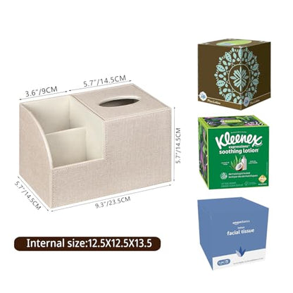 PU Leather Square Tissue Box Cover - Multi-Functional Tissue Box Holder | Tissue Box Cover with Storage,Tissue and Remote Control Holder/Caddy,Cube Tissue Box Organizer Bedroom Nightstand End Table