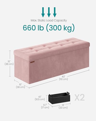 SONGMICS Mazie Collection - Storage Ottoman Bench, Foldable Foot Rest, 15 x 43 x 15 Inches, End of Bed Bench, Storage Chest, Load 660 lb, Living Room, Bedroom, Entryway, Jelly Pink ULSF277R01