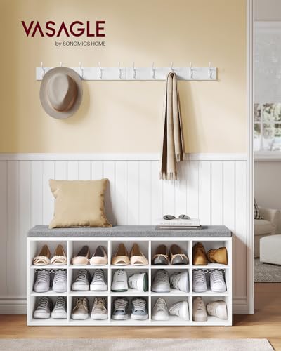 VASAGLE CUSTOS Collection - Shoe Bench, Storage Bench with Padded Seat, Entryway Bench with 15 Compartments, for Bedroom, 11.8 x 41.3 x 18.9 Inches, Cloud White and Dove Gray ULHS15WT