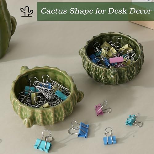 2 Pack Cactus Ceramic Paper Cilp Holder, Western Office Desk Decor | Cute Binder Clip Box with Non-Slip Bottom, Ideal for Home Vanity, Office Desk to Keep Bobby Pin, Hair Clip and Tiny Items